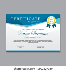 Modern certificate template design with blue and white color. Appreciation certificate, achievement certificate