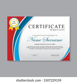 Modern certificate template design with blue, red and white color. Appreciation certificate, achievement certificate