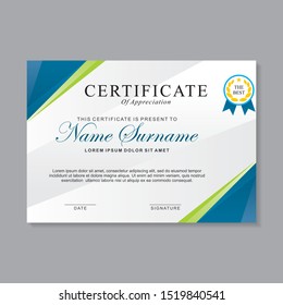 Modern certificate template design with blue, green and white color. Diploma certificate design 