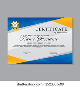 Modern certificate template design with blue, yellow and white color, suitable for business certificate or sport certificate