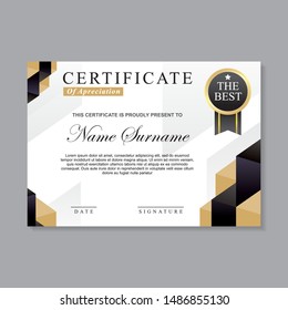 Modern certificate template design with gold, white and black color suitable for appreciation, diploma or award.