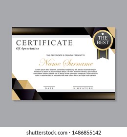 Modern certificate template design with gold, white and black color suitable for appreciation, diploma or award.