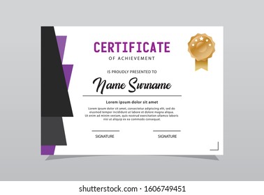 Modern certificate template design. Purple color elegant shape composition.