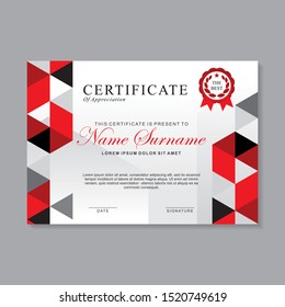 Modern certificate template design with red, black and white color. 