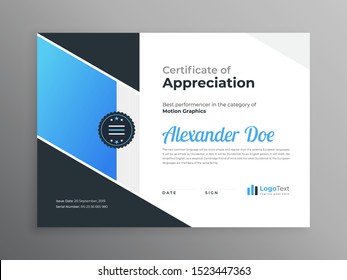 Modern certificate template design vector with blue and white color suitable for appreciation, diploma or award. Creative certificate of appreciation award template with blue shapes and badge.