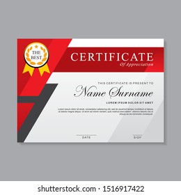 Modern certificate template design with white, red and black color. Certificate of appreciation  