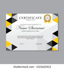 Modern certificate template design with yellow, black and white color