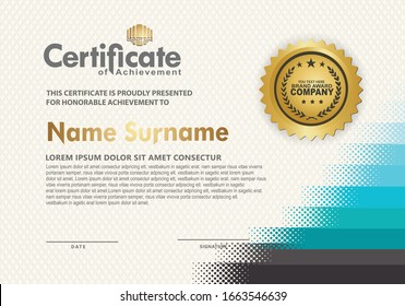 Modern certificate template with diagonal halftone ornament on background. vector illustration