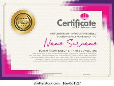 Modern certificate template with diagonal halftone ornament on background. vector illustration