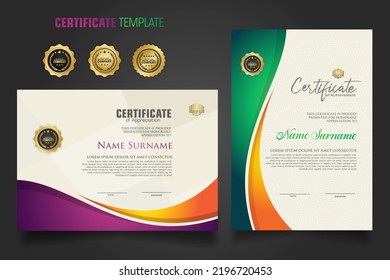 Modern certificate template with dynamic colorful waving shape on ornament pattern background, diploma. Vector illustration.