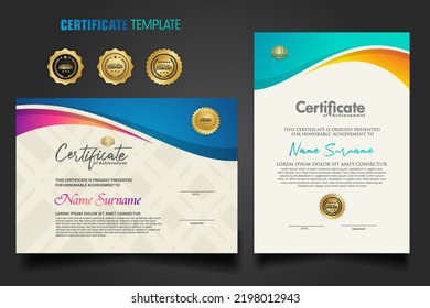 Modern certificate template with dynamic colorful waving shape on ornament pattern background, diploma. Vector illustration.