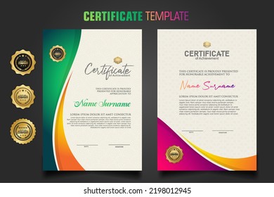 Modern Certificate Template With Dynamic Colorful Waving Shape On Ornament Pattern Background, Diploma. Vector Illustration.