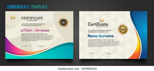 Modern certificate template with dynamic colorful waving shape on ornament pattern background, diploma. Vector illustration.