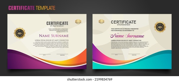 Modern certificate template with dynamic colorful waving shape on ornament pattern background, diploma. Vector illustration.