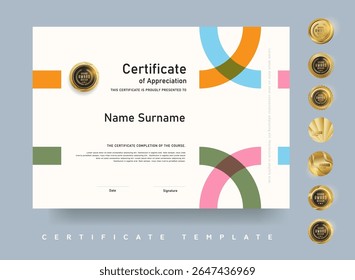 Modern certificate template featuring colorful geometric curves and gold badge ideal for education training or creative award presentations