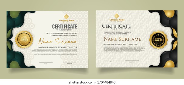 Plantilla de certificado moderna con forma líquida de capa de solapamiento geométrico, Diseño fluido, ondas de degradado aisladas en ornamento. dos certificados definidos. Ilustración de fondo de vectores