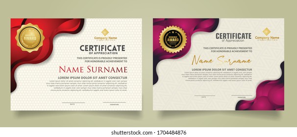 Plantilla de certificado moderna con forma líquida de capa de solapamiento geométrico, Diseño fluido, ondas de degradado aisladas en ornamento. dos certificados definidos. Ilustración de fondo de vectores