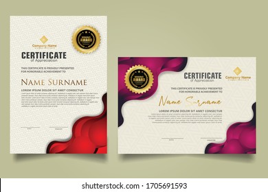 Modern certificate template with geometric overlap layer liquid shape, Fluid design, Isolated gradient waves on ornament. two set certificate. Vector background Illustration