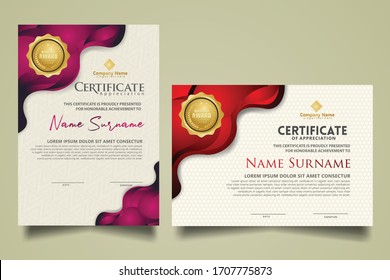 Modern certificate template with geometric overlap layer liquid shape, Fluid design, Isolated gradient waves on ornament. two set certificate. Vector background Illustration