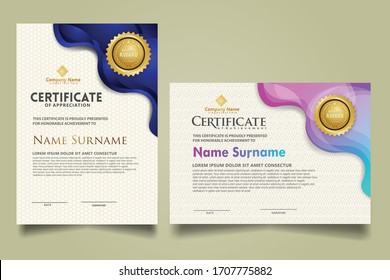 Modern certificate template with geometric overlap layer liquid shape, Fluid design, Isolated gradient waves on ornament. two set certificate. Vector background Illustration