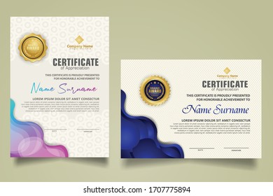 Modern certificate template with geometric overlap layer liquid shape, Fluid design, Isolated gradient waves on ornament. two set certificate. Vector background Illustration