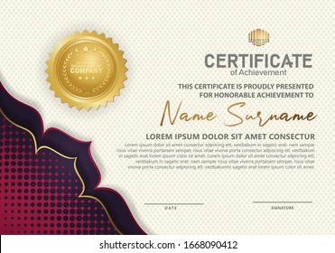 Modern certificate template with gold and purple flower line and halftone style effect on texture pattern background,