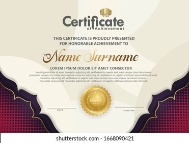 Modern certificate template with gold and purple flower line and halftone style effect on texture pattern background,