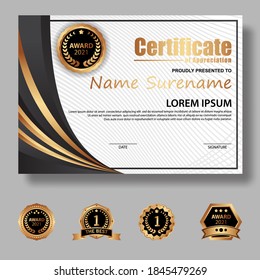 
Modelo de certificado moderno en gradación y colores dorados, estilo moderno y de lujo e imagen vectorial de estilo galardonado. Apropiado para la apreciación. Vector premium.