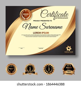 Modelo de certificado moderno en gradación y colores dorados, estilo moderno y de lujo e imagen vectorial de estilo galardonado. Apropiado para la apreciación. Vector premium.