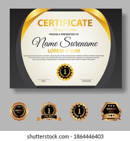 Modelo de certificado moderno en gradación y colores dorados, estilo moderno y de lujo e imagen vectorial de estilo galardonado. Apropiado para la apreciación. Vector premium.