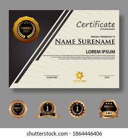 Modelo de certificado moderno en gradación y colores dorados, estilo moderno y de lujo e imagen vectorial de estilo galardonado. Apropiado para la apreciación. Vector premium.