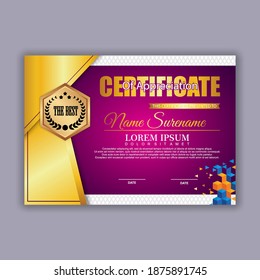 Modern certificate template in gradation and gold colors, luxury and modern style and award style vector image. Suitable for appreciation. Premium vector.