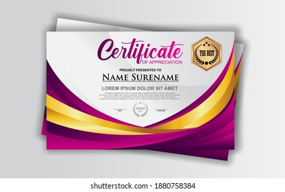 Moderne Zertifikatsvorlage in Gradation- und Goldfarben, luxuriöser und moderner Stil und prämiertes Vektorbild. Geeignet für Ihre Wertschätzung. Premium-Vektorgrafik.