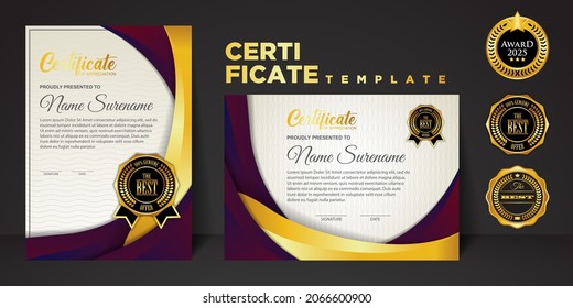 Modelo de certificado moderno en gradación y colores dorados, estilo moderno y de lujo e imagen vectorial de estilo galardonado. Apropiado para la apreciación. Vector premium.