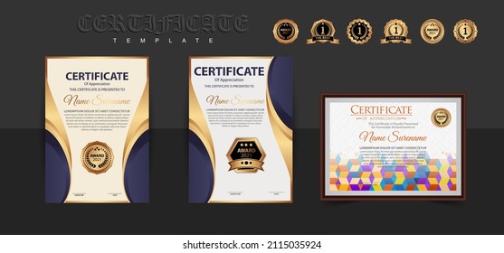 Modelo de certificado moderno en gradación y colores dorados, estilo moderno y de lujo e imagen vectorial de estilo galardonado. Apropiado para la apreciación. Vector premium.