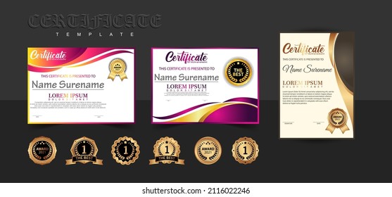 Modelo de certificado moderno en gradación y colores dorados, estilo moderno y de lujo e imagen vectorial de estilo galardonado. Apropiado para la apreciación. Vector premium.
