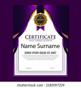 Modern certificate template in gradation and gold colors, luxury and modern style and award style vector image. Suitable for appreciation. Premium vector.