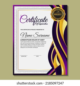 Modern certificate template in gradation and gold colors, luxury and modern style and award style vector image. Suitable for appreciation. Premium vector.