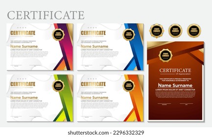 Modelo de certificado moderno en gradación y colores dorados, estilo moderno y de lujo e imagen vectorial de estilo galardonado. Apropiado para la apreciación. Vector premium.