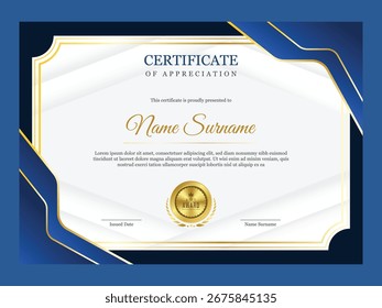 Moderna Plantilla de certificado. Certificado de lujo de diseño de apreciación en color azul y dorado.