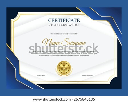 Modern certificate template. Luxury certificate of appreciation design in blue and golden color.