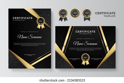 Modern certificate template with luxury gold badge, golden lines decoration. Certificate vector design for award, business, online course, employee of the month, diploma degree