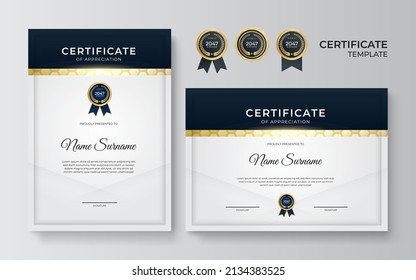Modern certificate template with luxury gold badge, golden lines decoration. Certificate vector design for award, business, online course, employee of the month, diploma degree