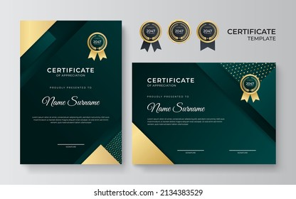 Modern certificate template with luxury gold badge, golden lines decoration. Certificate vector design for award, business, online course, employee of the month, diploma degree