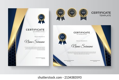 Modern certificate template with luxury gold badge, golden lines decoration. Certificate vector design for award, business, online course, employee of the month, diploma degree