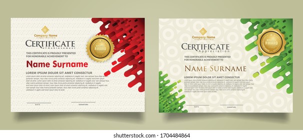 Plantilla de certificado moderna con ornamento de transición de semitonos redondeados de líneas mostaza. dos certificados definidos. Ilustración de fondo de vectores