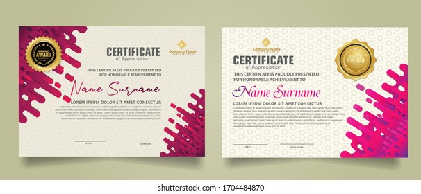 Plantilla de certificado moderna con ornamento de transición de semitonos redondeados de líneas mostaza. dos certificados definidos. Ilustración de fondo de vectores