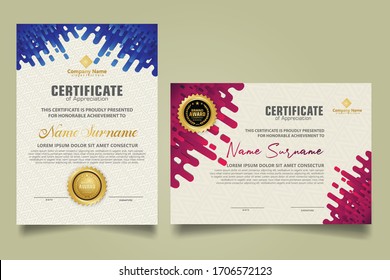 Plantilla de certificado moderna con ornamento de transición de semitonos redondeados de líneas mostaza. dos certificados definidos. Ilustración de fondo de vectores