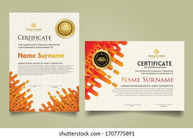 Modern certificate template with mustard rounded lines halftone transition ornament. two set certificate. Vector background Illustration