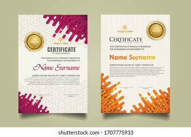 Modern certificate template with mustard rounded lines halftone transition ornament. two set certificate. Vector background Illustration